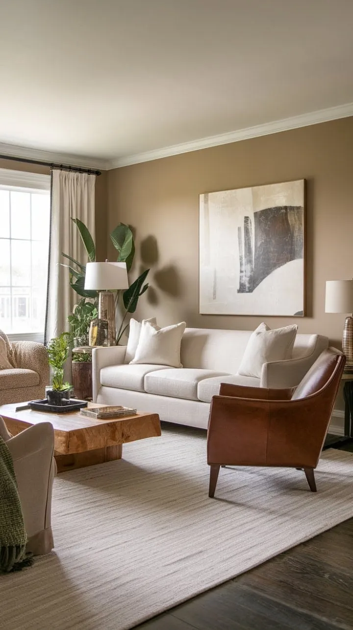 This transitional living room harmoniously fuses classic and contemporary styles, featuring a soothing neutral palette and inviting natural elements for a serene ambiance.