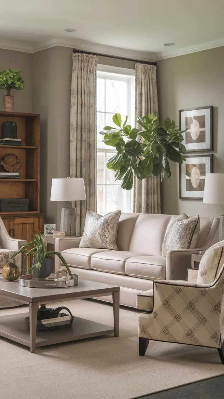 This stylish transitional living room harmoniously fuses classic and contemporary design, featuring a soothing neutral palette accented by a vibrant green plant, ideal for both relaxation and entertaining.