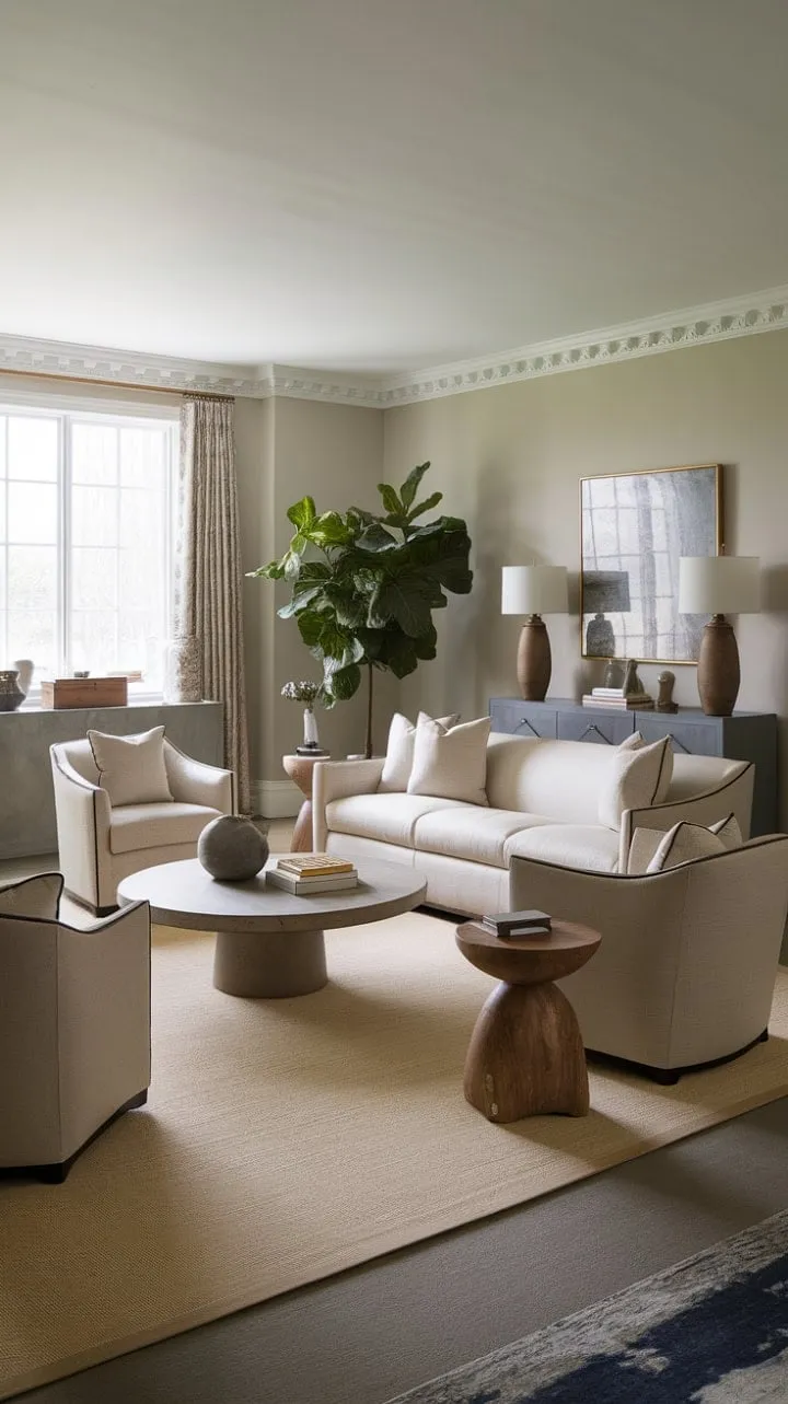 This transitional space showcases a serene blend of subtle textures and harmonious colors, creating a refined haven of balanced design.