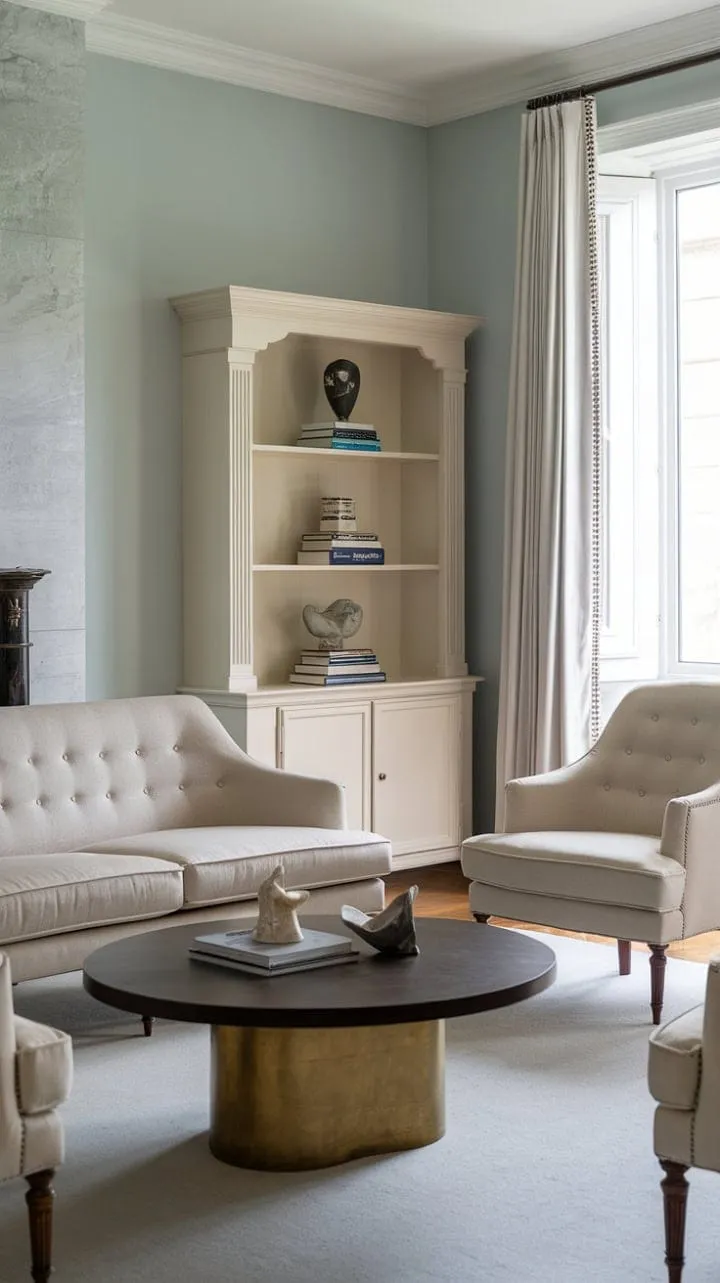 This transitional living room harmoniously combines calming blue hues and luxurious textures, creating an inviting haven of style and sophistication.