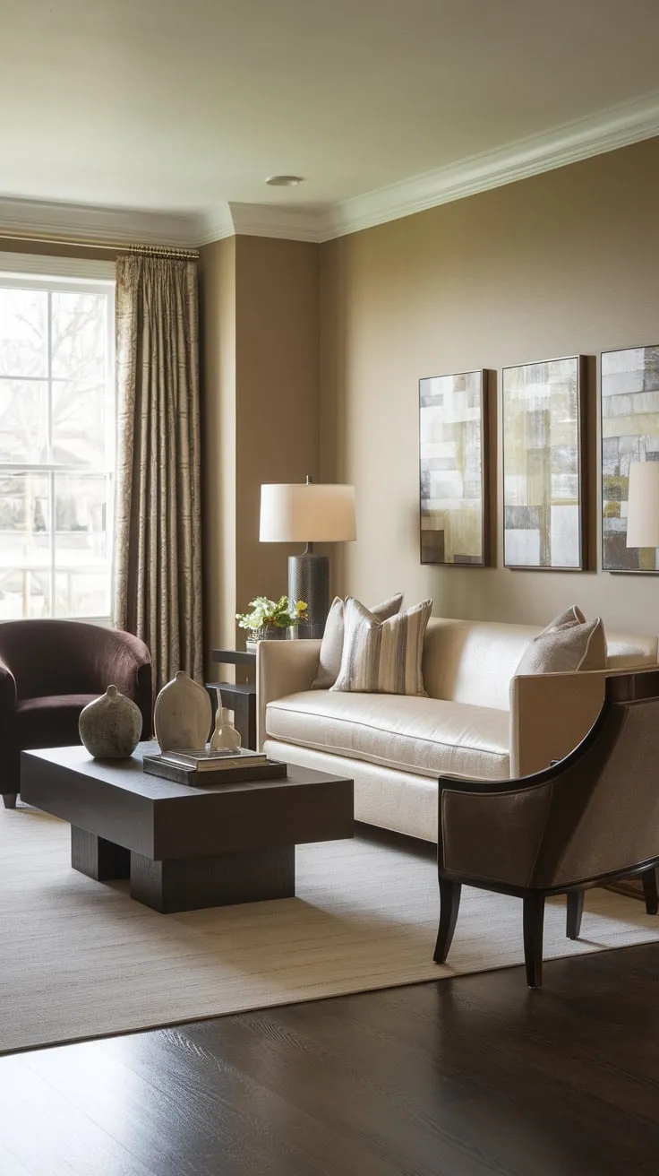 A beige sofa and dark brown accents create a sophisticated transitional living room with classic contemporary appeal.