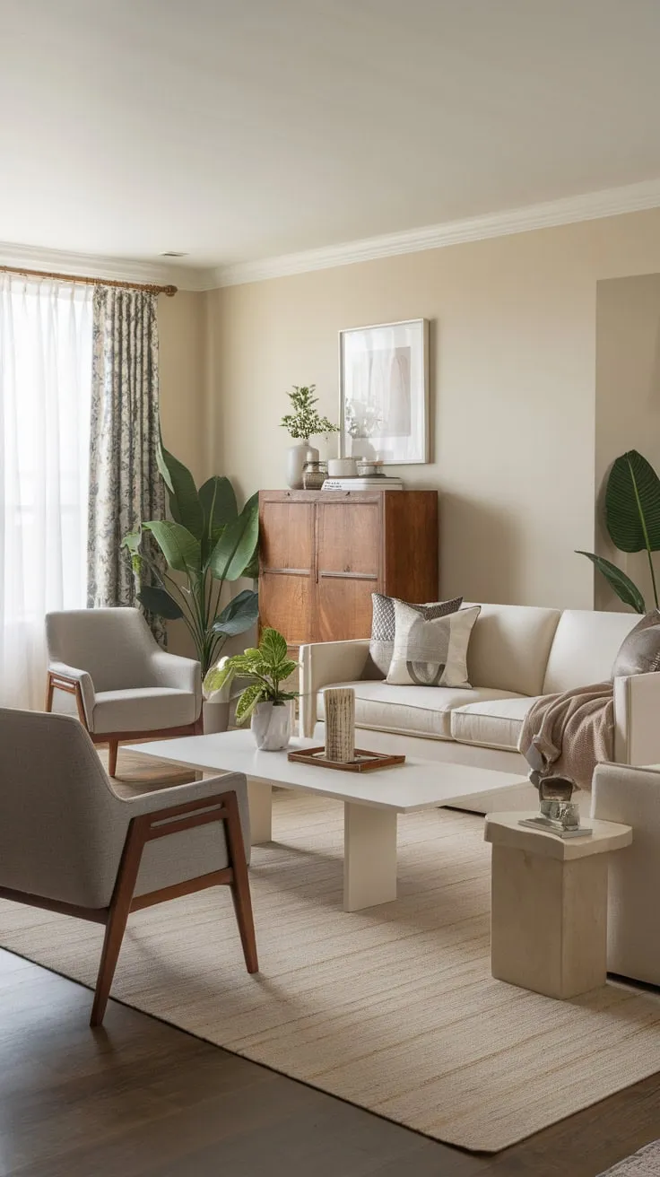 A calming beige and grey transitional living room blends classic and contemporary styles with subtle wooden accents and pops of greenery.