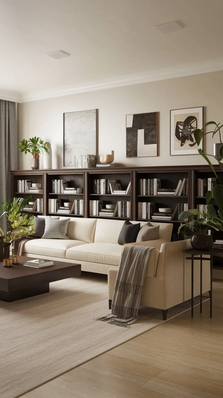 Classic contemporary design meets modern comfort in a transitional living room featuring a beige sofa, dark wood furniture, and pops of greenery.