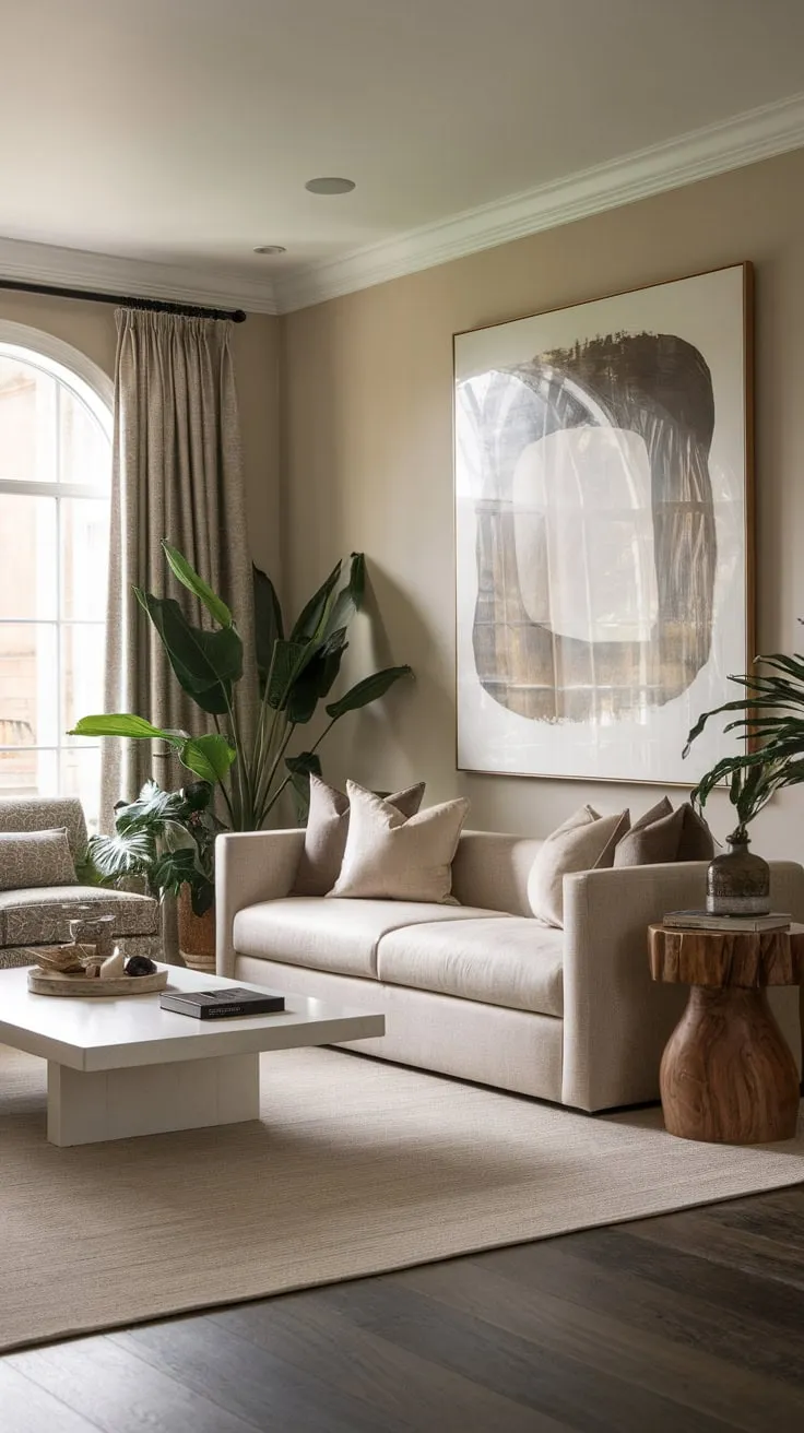 A classic contemporary living room design features a neutral palette, natural wood accents, and subtle pops of green, creating a tranquil and stylish space.