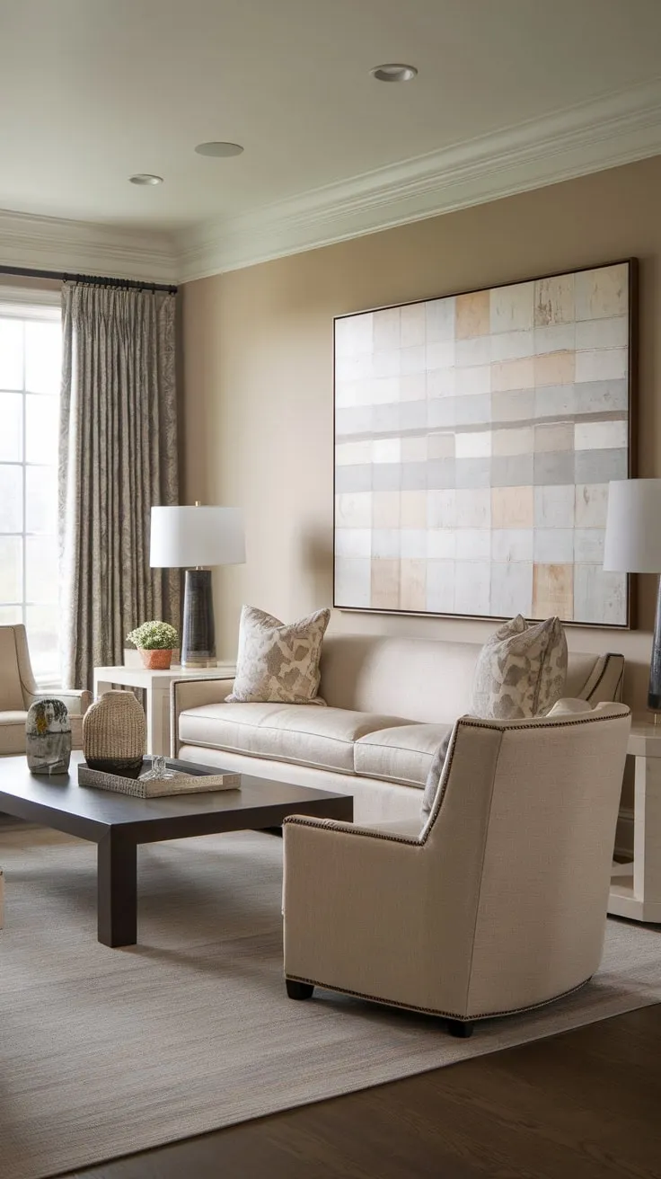 A beige sofa anchors a sophisticated transitional living room, its classic contemporary design highlighted by a U-shaped furniture arrangement and soft lighting.