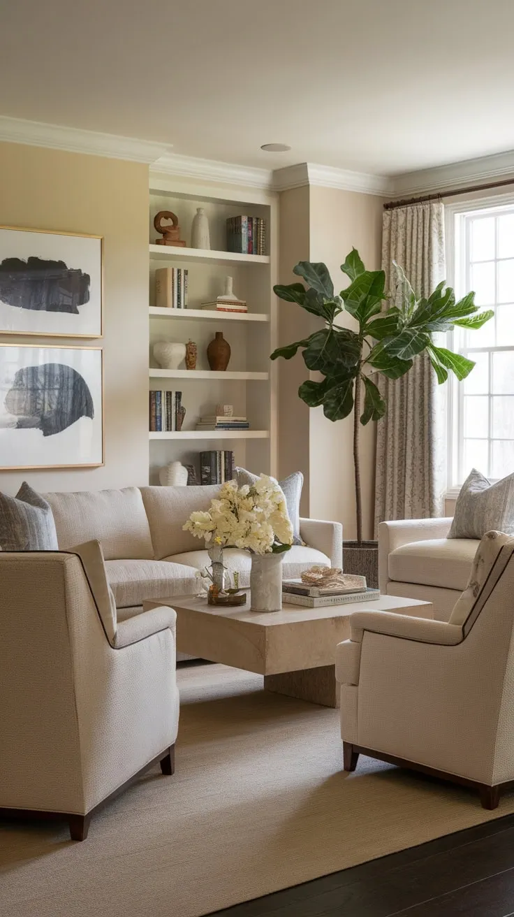 Classic contemporary design elements blend seamlessly in a welcoming transitional living room, highlighted by a beige sofa and lush greenery.