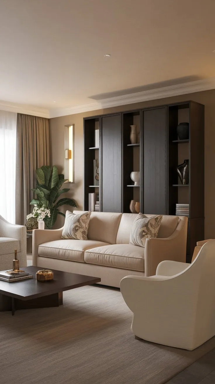 Warm lighting and neutral tones create a sophisticated yet comfortable transitional living room, blending classic and contemporary styles.
