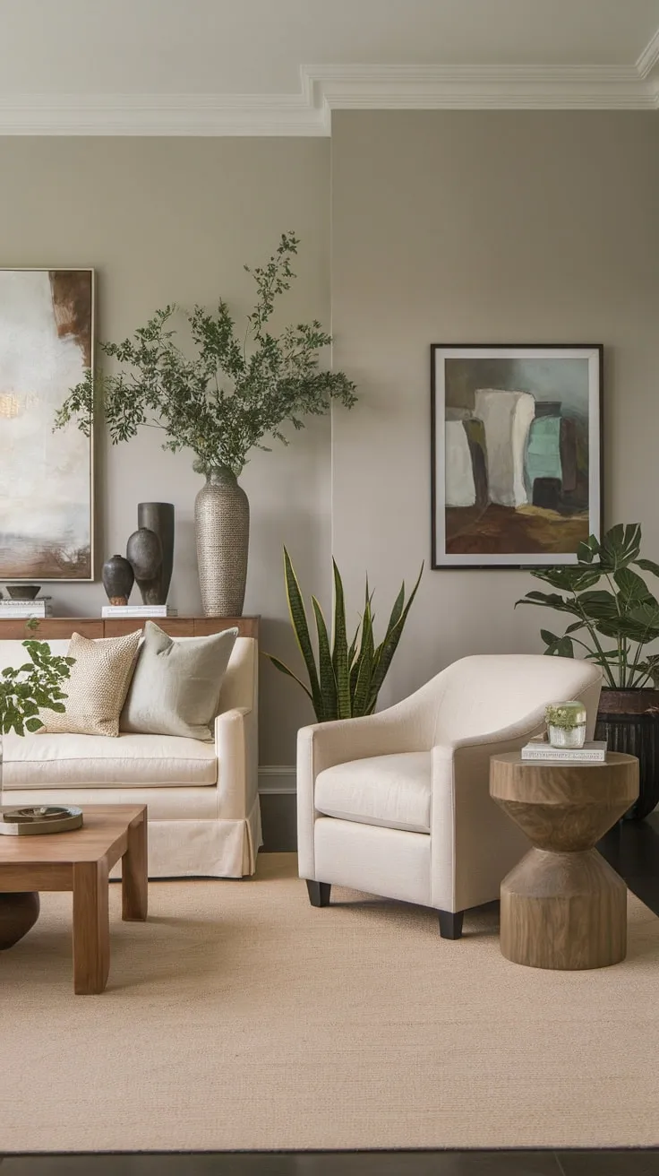 Neutral tones and natural elements create a calm, transitional living space.