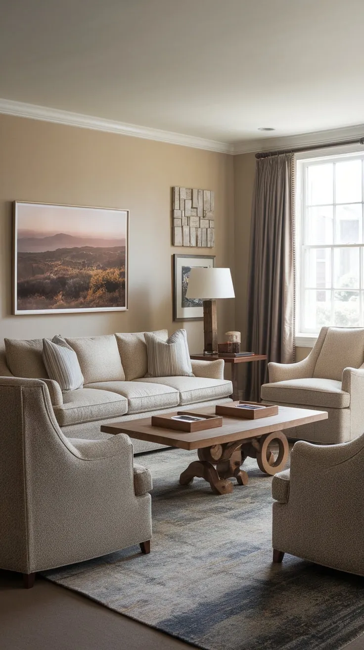 A beige and wood-toned transitional living room exudes classic contemporary style with comfortable seating and calming artwork.