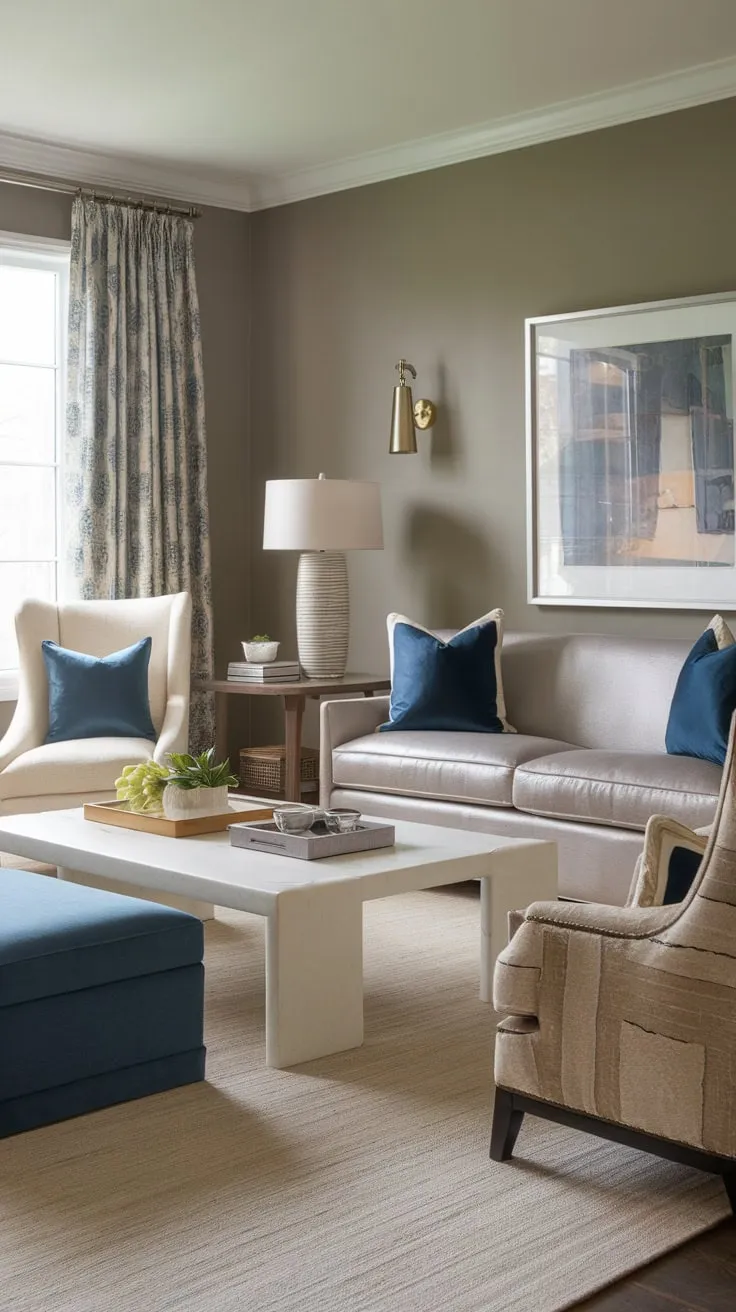 Classic contemporary style defines this transitional living room, blending gray and beige tones with pops of blue for a sophisticated yet comfortable atmosphere