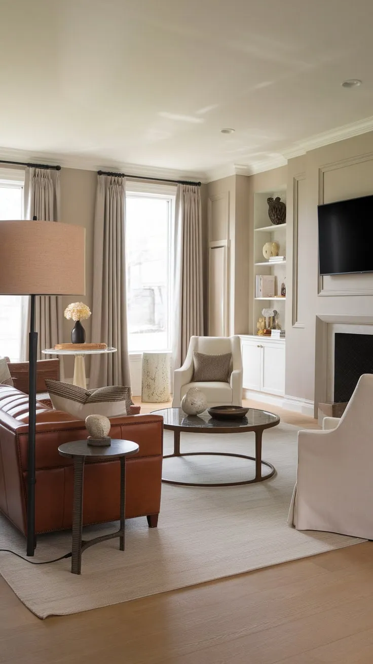 A neutral palette, white furniture, and classic details create a sophisticated yet relaxed transitional living room.