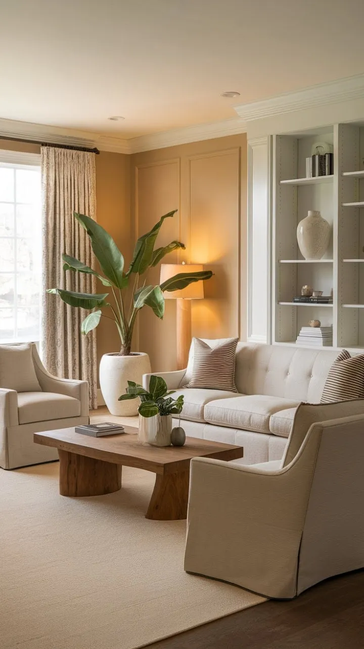 This transitional living room masterfully combines warmth and sophistication with a neutral palette, lush greenery, and rich wood tones for an inviting yet elegant atmosphere.