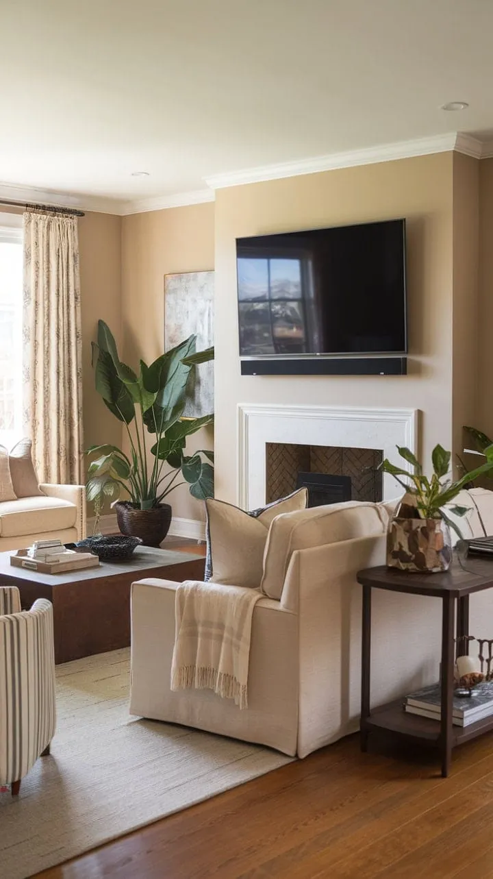 This transitional living room masterfully combines warmth and sophistication with a soothing neutral palette accented by vibrant green plants, exemplifying classic contemporary design.