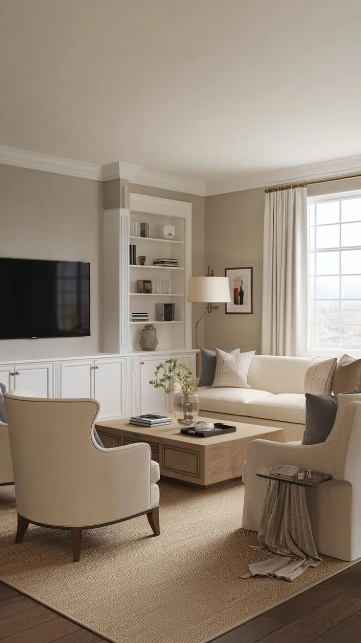This transitional living room harmoniously fuses classic elegance with contemporary flair, creating a serene oasis of understated luxury through its neutral palette and meticulous design details.