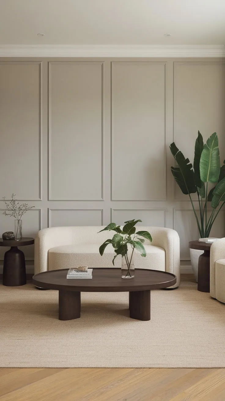 Beige and brown furnishings create a sophisticated transitional living space against a calming light grey backdrop.