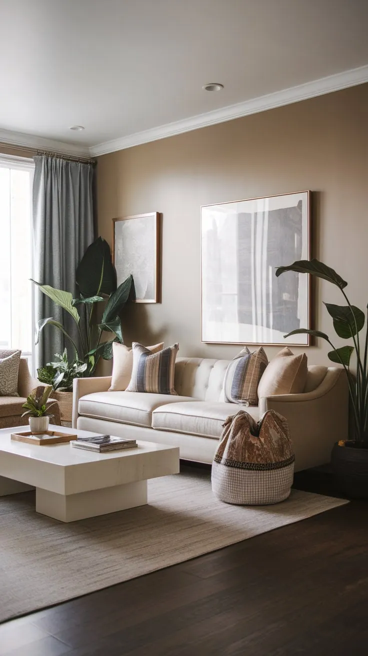 Classic contemporary design blends seamlessly in this transitional living room, featuring a beige sofa, white coffee table, and dark wood floors.