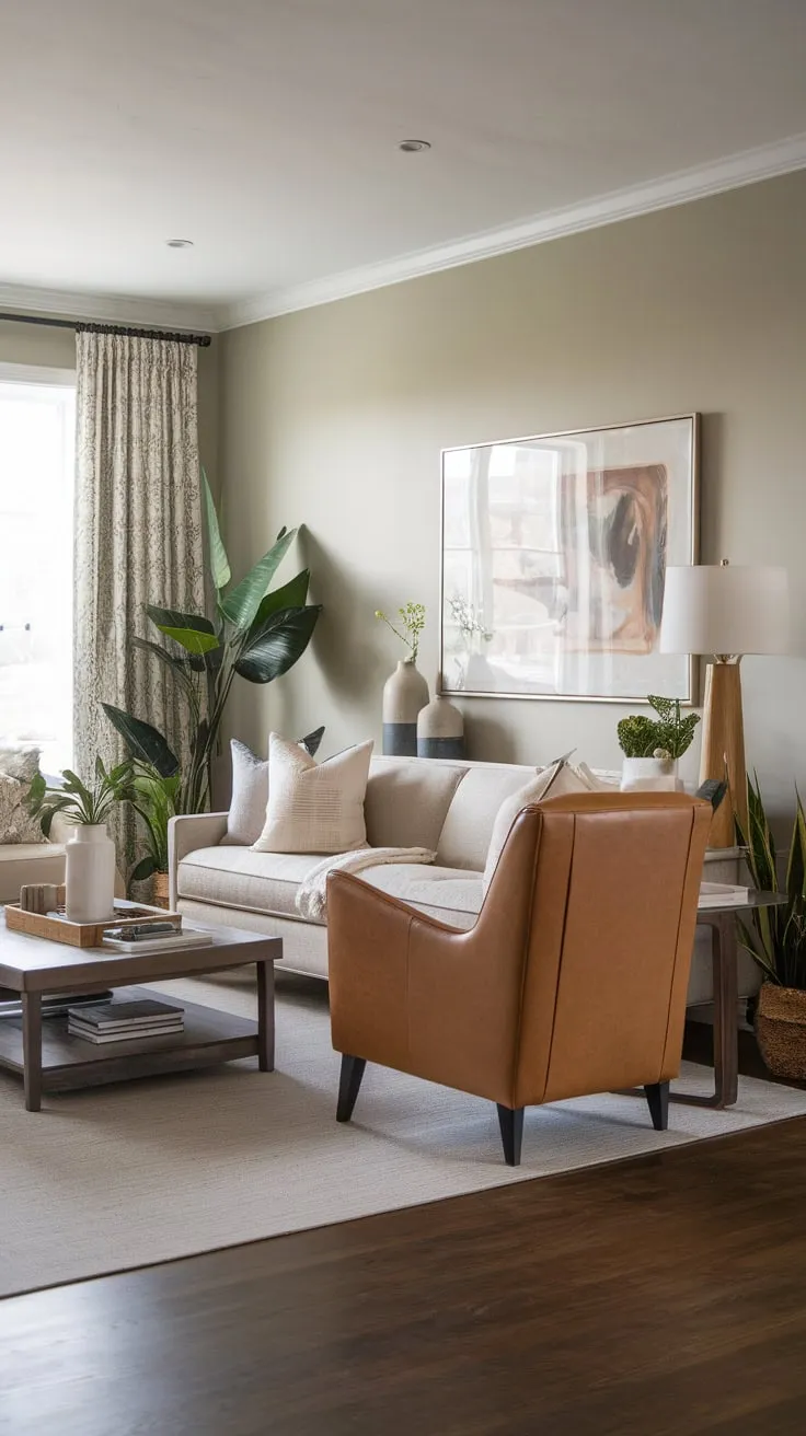Classic contemporary design meets modern comfort in a transitional living room featuring a neutral palette and warm wood tones.