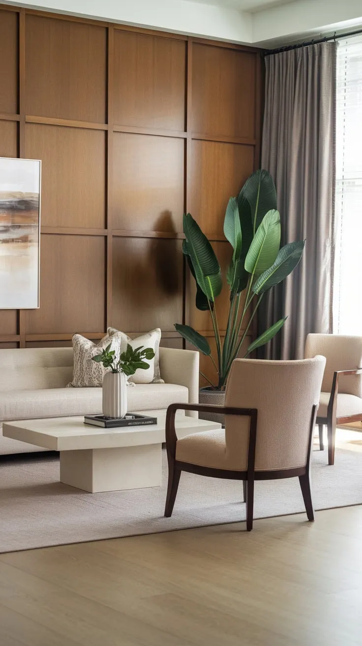 Classic contemporary design blends seamlessly in a beige and white transitional living room, anchored by a large plant and wood accents.