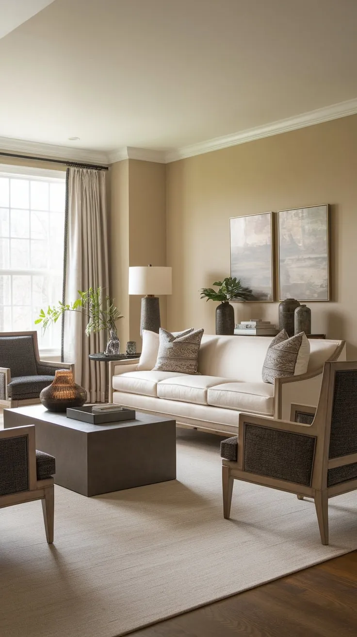 A beige and grey transitional living room blends classic and contemporary styles with a calming neutral palette and tasteful wooden accents