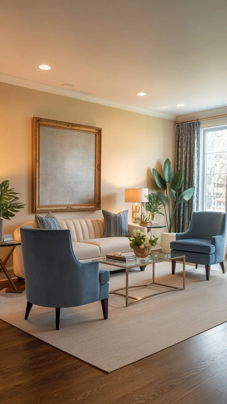 A beige-toned living room showcases a harmonious blend of classic and contemporary design elements, creating a tranquil and inviting atmosphere.