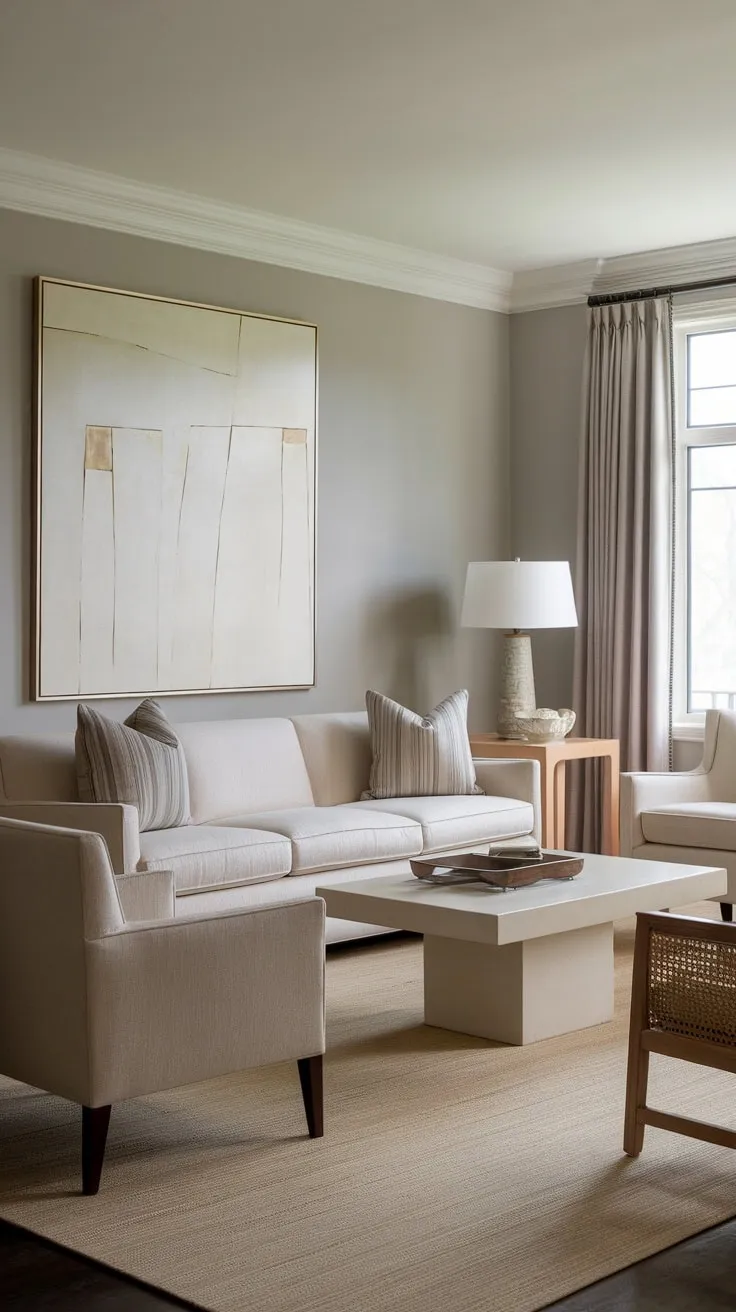 Beige furnishings and a gray backdrop create a sophisticated transitional living space accented by modern art and a touch of unexpected wood.