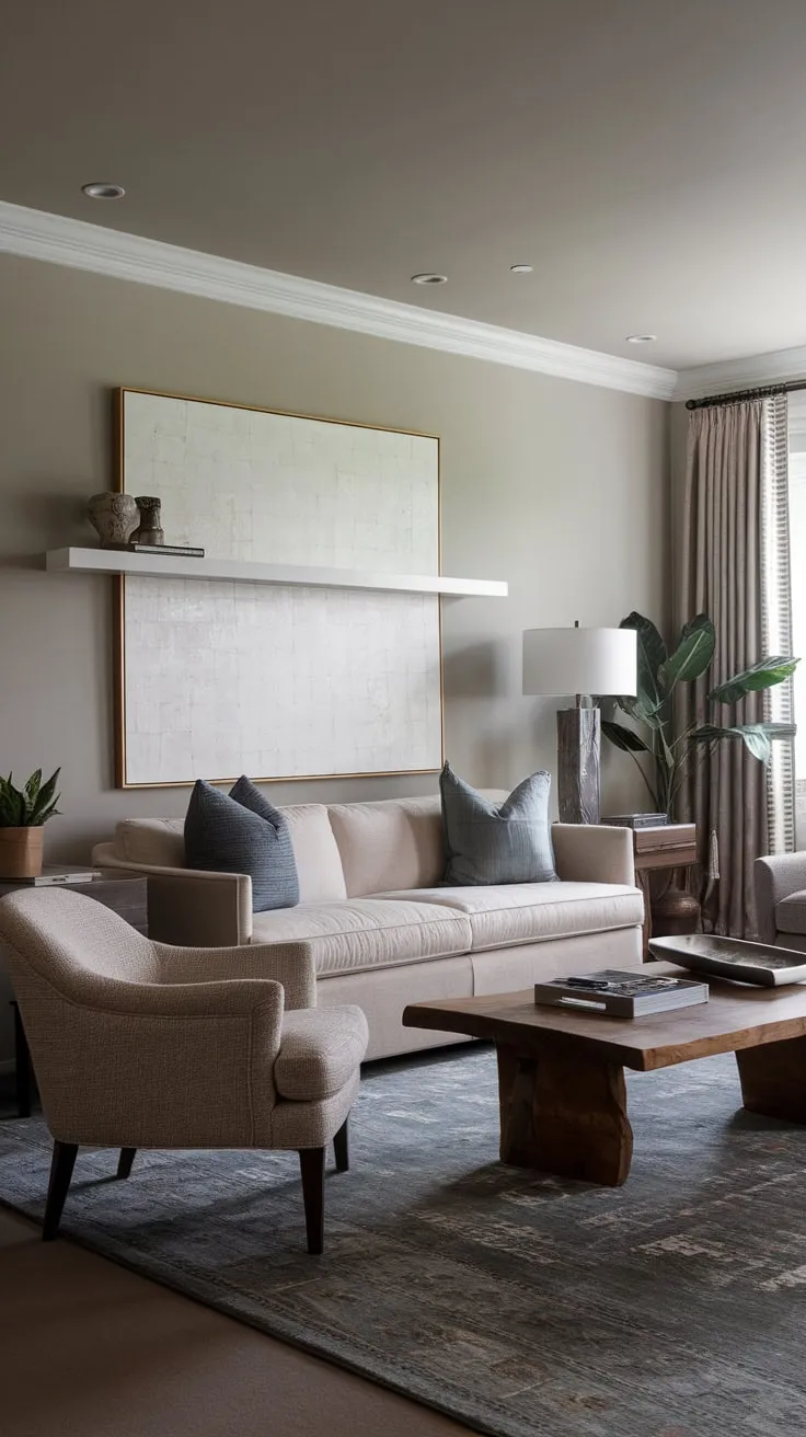 A transitional living room blends classic and contemporary styles with a beige sofa, mismatched chairs, and abstract art against cool grey walls.