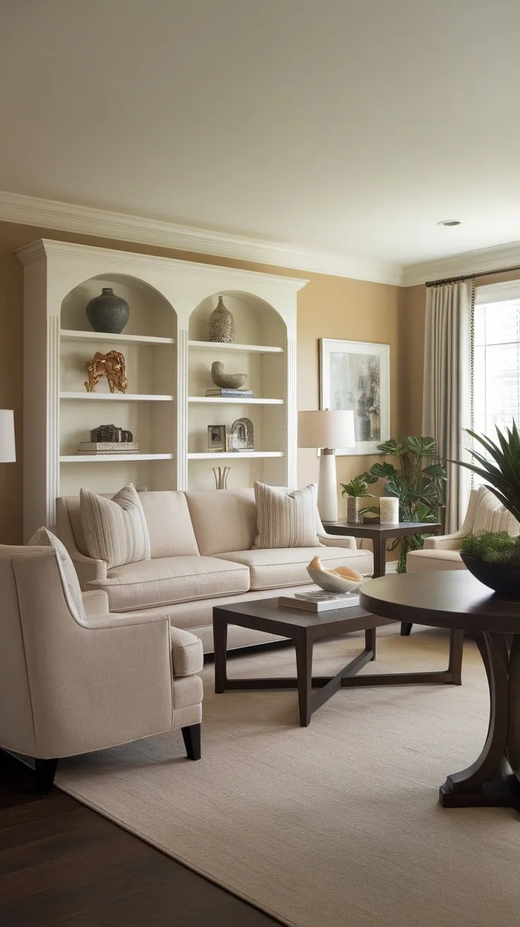 A beige and dark wood transitional living room blends classic and contemporary styles with comfortable seating and stylish accents.