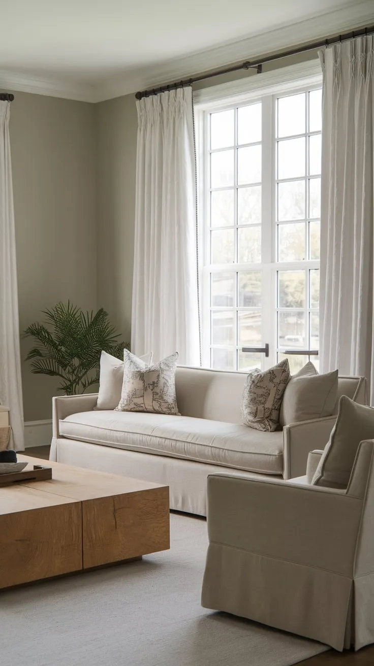 A serene transitional living room, featuring a neutral palette and classic contemporary design, creates a calming and sophisticated atmosphere.