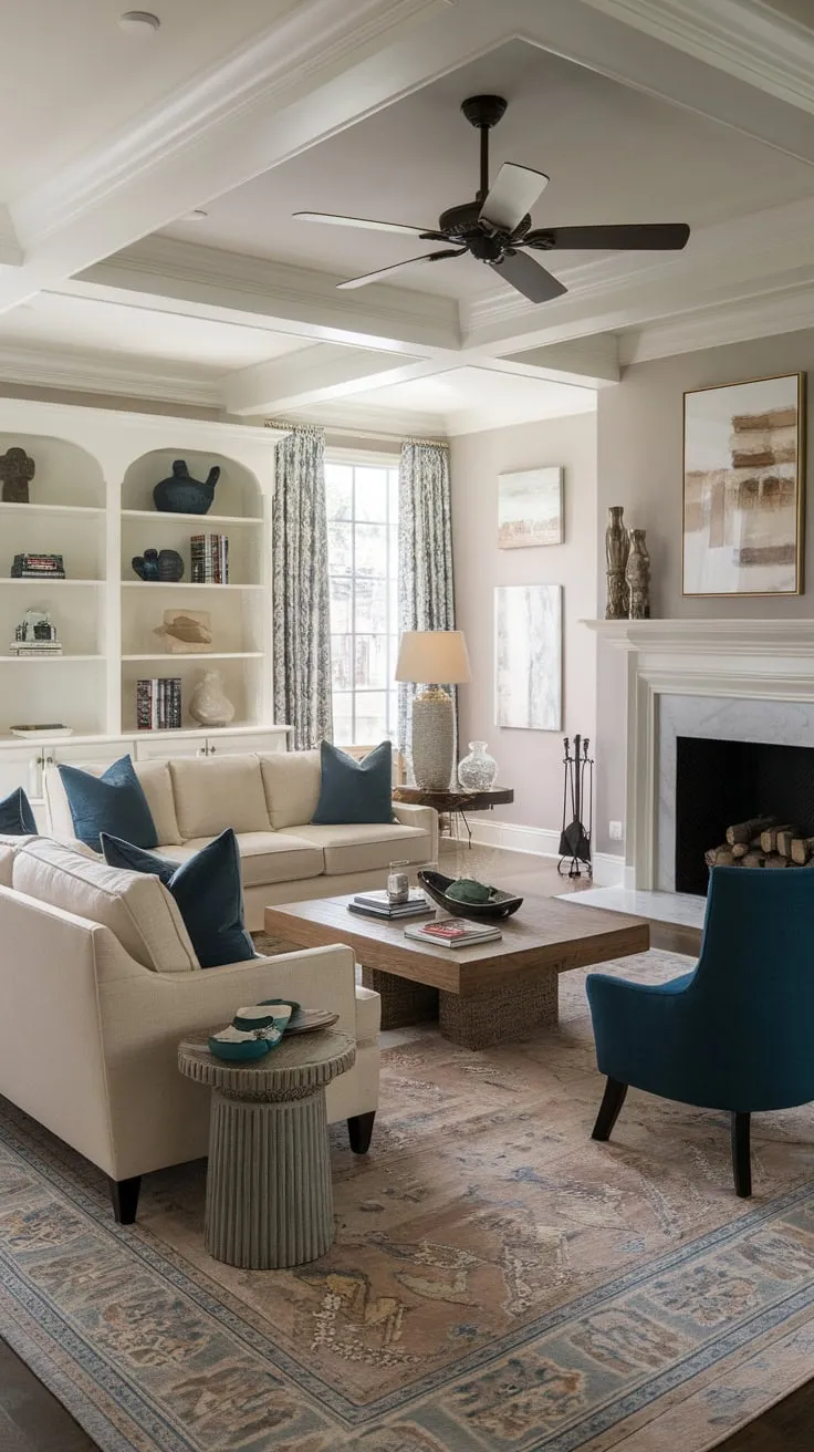Classic and contemporary styles blend beautifully in this transitional living room, anchored by a beige sofa, blue armchair, and gas fireplace.