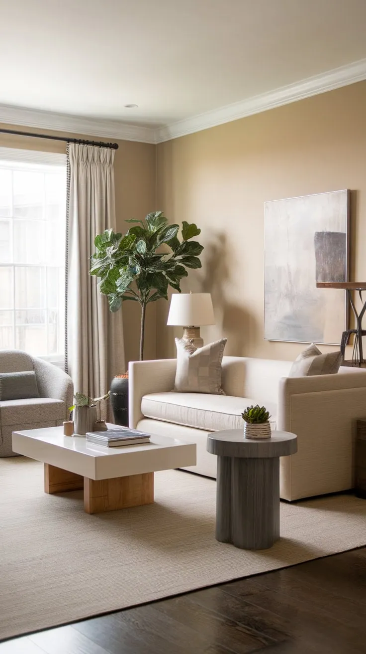 A calming beige sofa and gray chair anchor a transitional living room, showcasing a refined blend of classic and contemporary design.