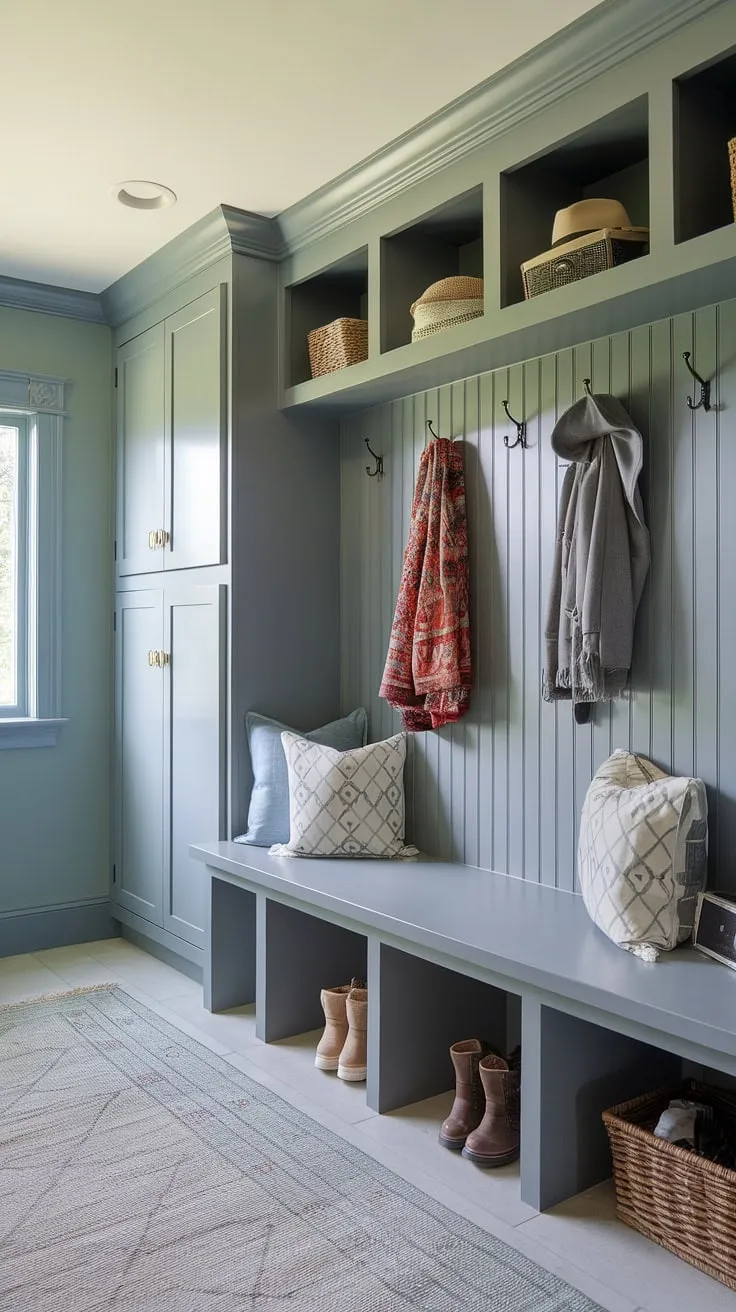 Step into effortless organization with this transitional mudroom. The built-in bench with under-seat storage, ample cubbies, and coat hooks provide a stylish and functional drop zone, while the added lockers and shoe basket ensure everything has its place. A calming light blue palette completes the serene and practical design.