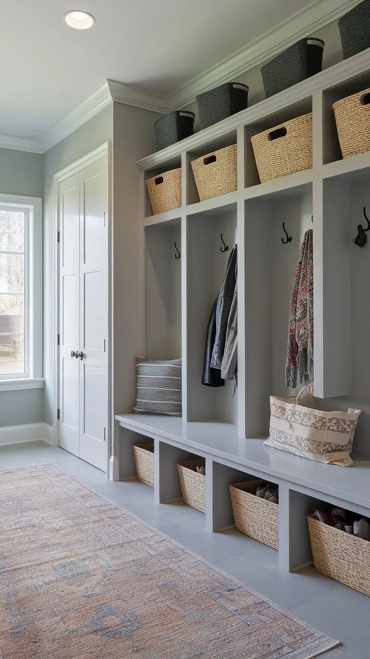 Step into effortless organization with this transitional mudroom. The built-in bench, cubbies, and lockers provide ample storage for coats, shoes, and all those everyday essentials, creating a calm and functional entryway. A dedicated drop zone keeps things tidy, while the soft gray walls add a touch of sophistication.