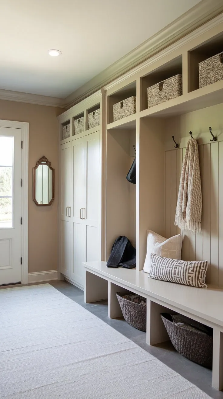 This bright and airy mudroom is the epitome of functional design. The neutral color palette, combined with the thoughtful built-in storage-including a bench, cubbies, and lockers-creates a welcoming and organized space. A true haven for coats, shoes, and everyday essentials.