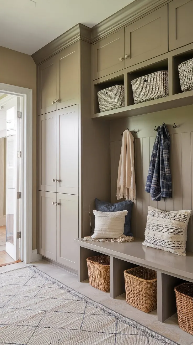 This thoughtfully designed mudroom seamlessly blends style and practicality. A custom built-in system featuring cabinets, a comfortable bench, and small mudroom lockers offers ample storage for coats, shoes, and everyday essentials. The neutral palette and carefully chosen accessories, including a cozy rug and practical baskets, create a welcoming and organized space. A true testament to efficient and elegant design.