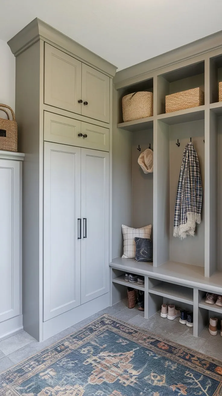 Organized chaos? Not in this mudroom! Clever built-ins, a convenient drop zone, and ample storage for coats and shoes make this space a dream. The light gray walls and subtle rug add a touch of sophistication, proving that functionality and style can coexist beautifully.