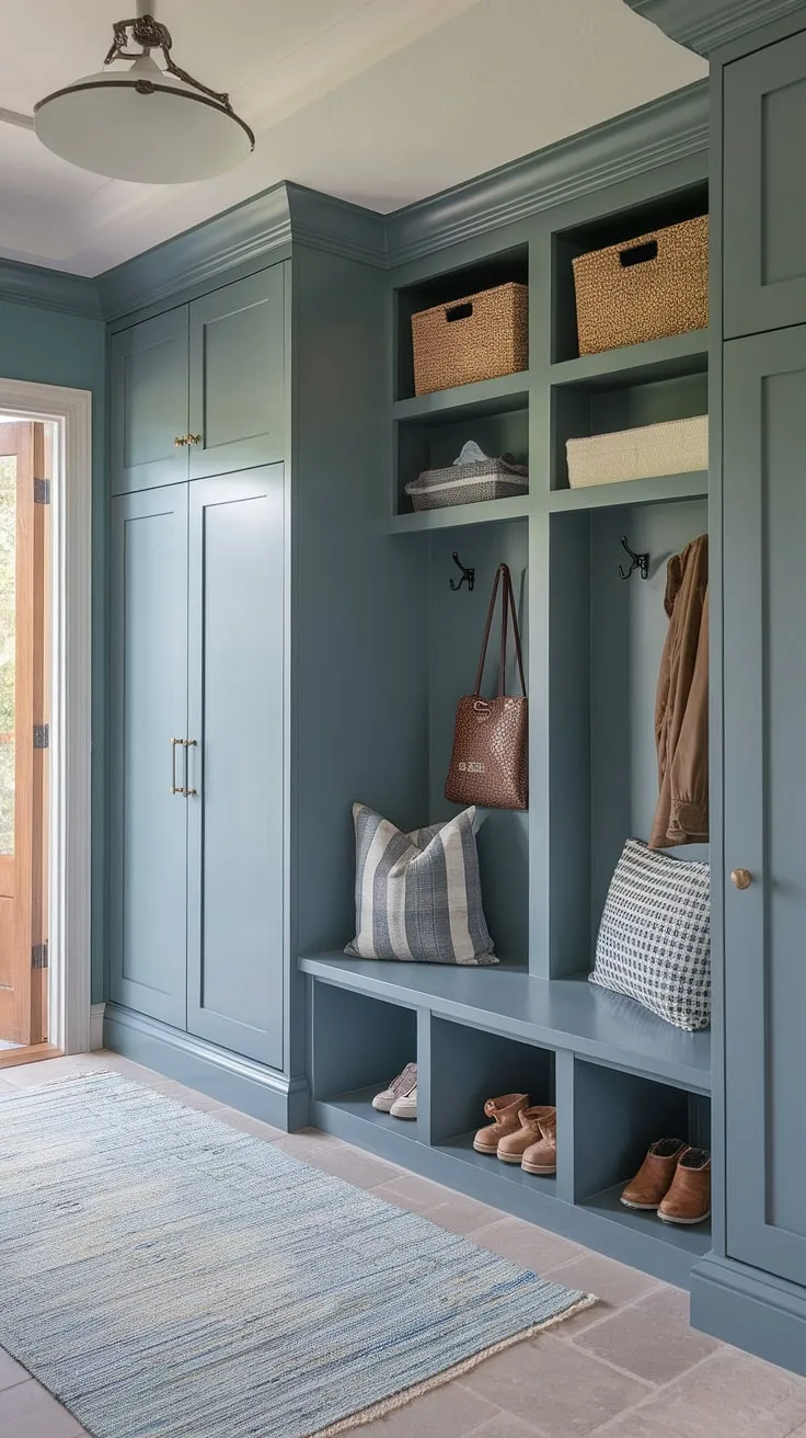 This thoughtfully designed mudroom is the epitome of organized calm. Built-in storage, including cubbies and lockers, keeps everything in its place. The serene blue walls and cozy accents create a welcoming atmosphere, making even the most chaotic entryway feel peaceful and put-together.