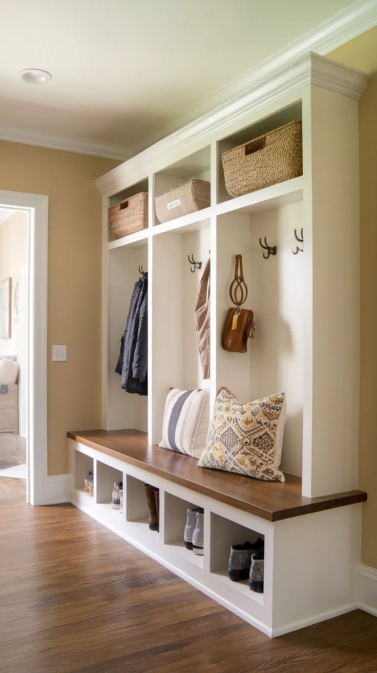 This thoughtfully designed mudroom seamlessly blends style and functionality. Built-in storage solutions, including a spacious bench with cubbies and overhead lockers, provide ample space for everything. The neutral color palette and hardwood floors create a sophisticated and inviting entryway.