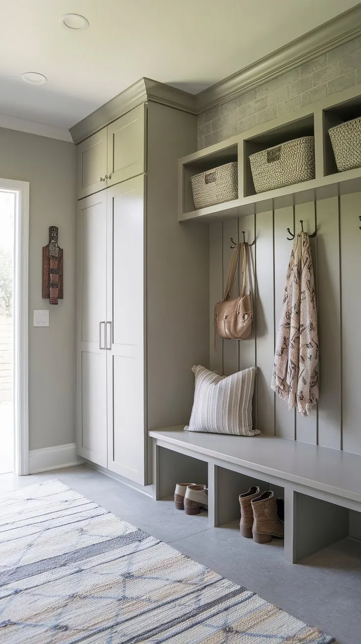 Step into effortless organization with this transitional mudroom. Built-in storage, a convenient drop zone, and a charming bench with cubbies create a space that's both stylish and functional, keeping everything in its place. The soft gray walls and thoughtful details, like the rug and coat rack, add a touch of warmth and sophistication.