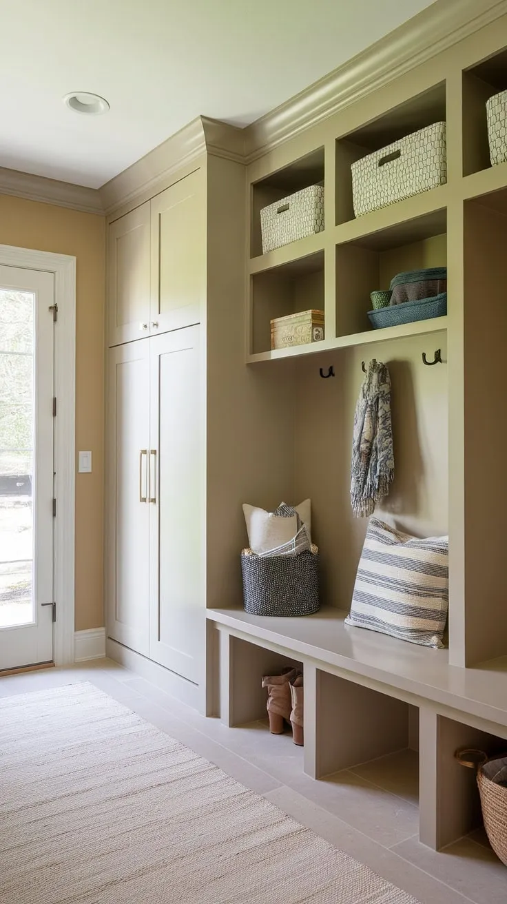 Step into effortless organization with this transitional mudroom. The built-in shelves and bench provide ample storage and a convenient drop zone, while the soft beige walls create a calming atmosphere. A perfect blend of style and functionality for a busy family.