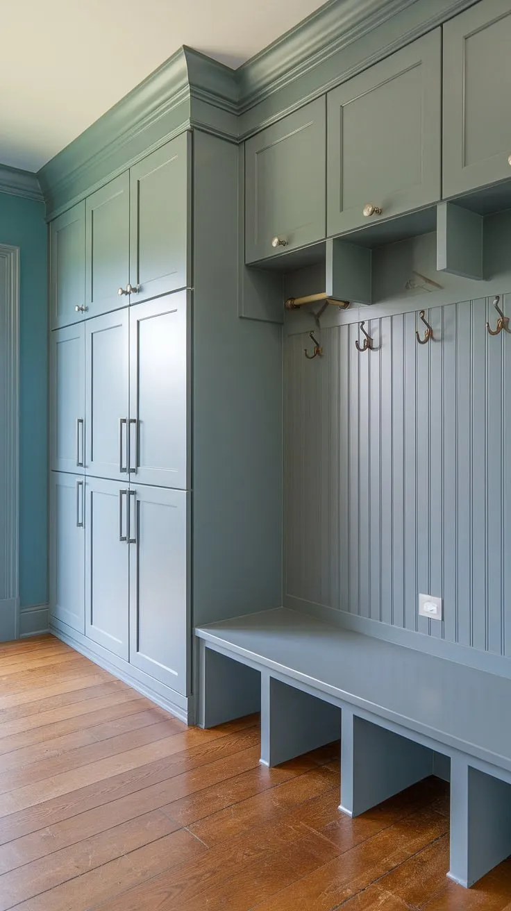 This thoughtfully designed mudroom seamlessly blends style and functionality. The soft blue walls create a peaceful atmosphere, while the built-in cabinets, bench with cubbies, and drop zone provide ample storage. A perfect blend of form and function, this space effortlessly manages clutter and welcomes you home.