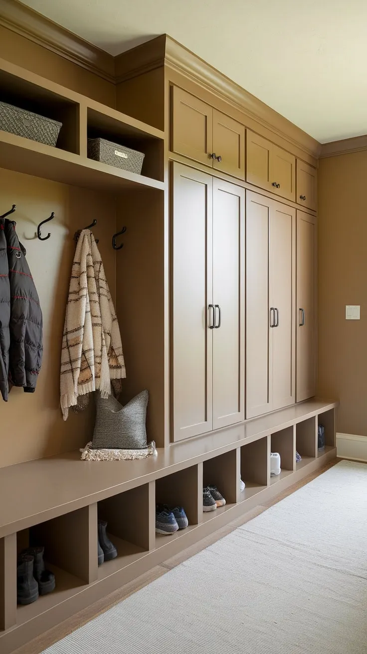 This thoughtfully designed mudroom seamlessly blends style and functionality. A custom bench with cubbies, lockers for individual storage, and a dedicated drop zone ensure a clutter-free entryway. The warm, inviting color palette completes the look.