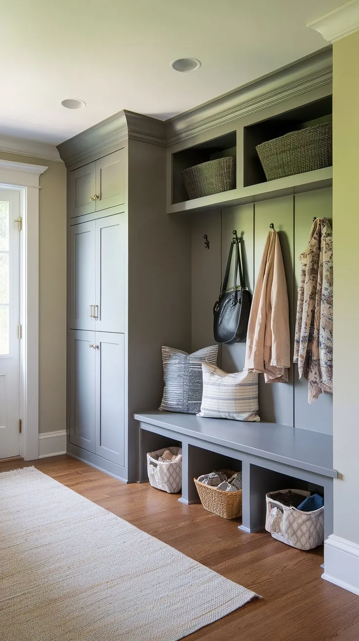 Step inside this thoughtfully designed mudroom, where functionality meets style. Built-in storage, a convenient drop zone, and ample seating create a seamless transition from outdoors to in. The hardwood floors, painted walls, and carefully chosen accessories, like the rug and stylish basket, add warmth and personality to this essential space. A perfect blend of form and function for a busy family.