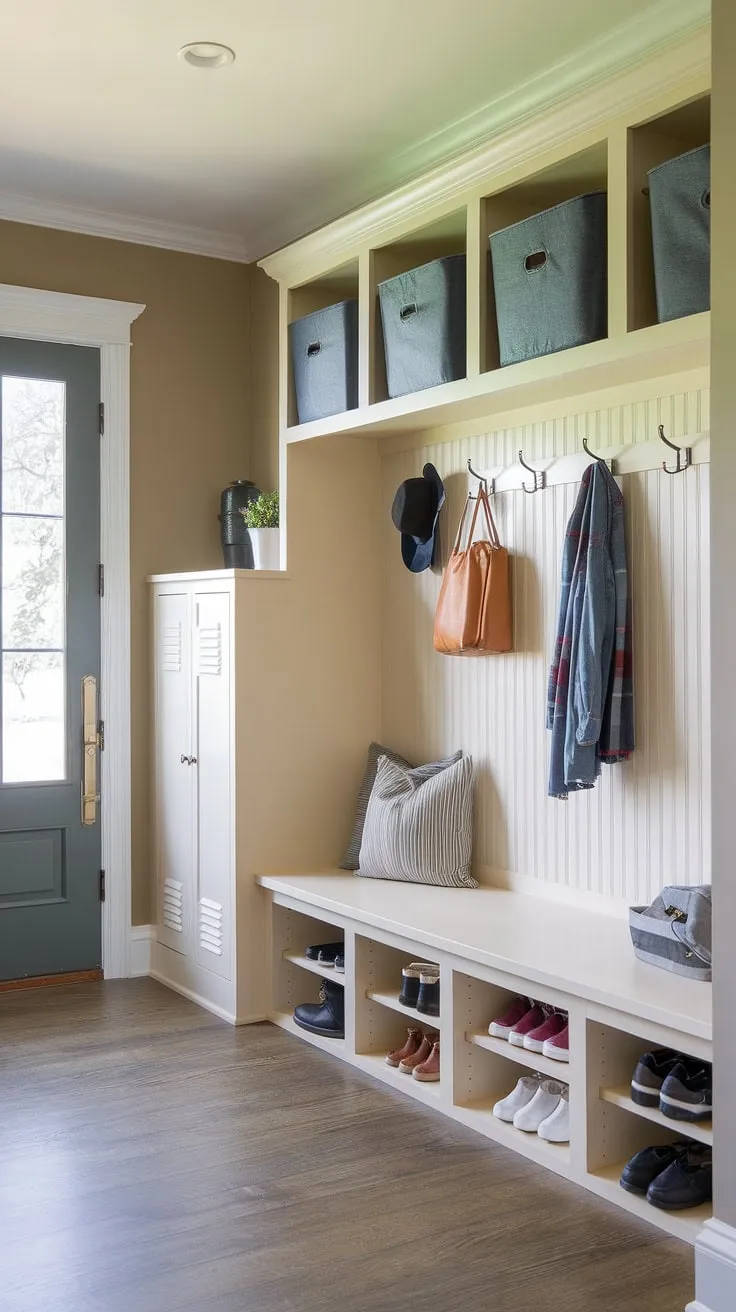 This thoughtfully designed mudroom seamlessly blends form and function. The built-in storage, including a bench with storage bins and a dedicated locker, provides ample space for all your family's essentials. A calm and organized entryway awaits.