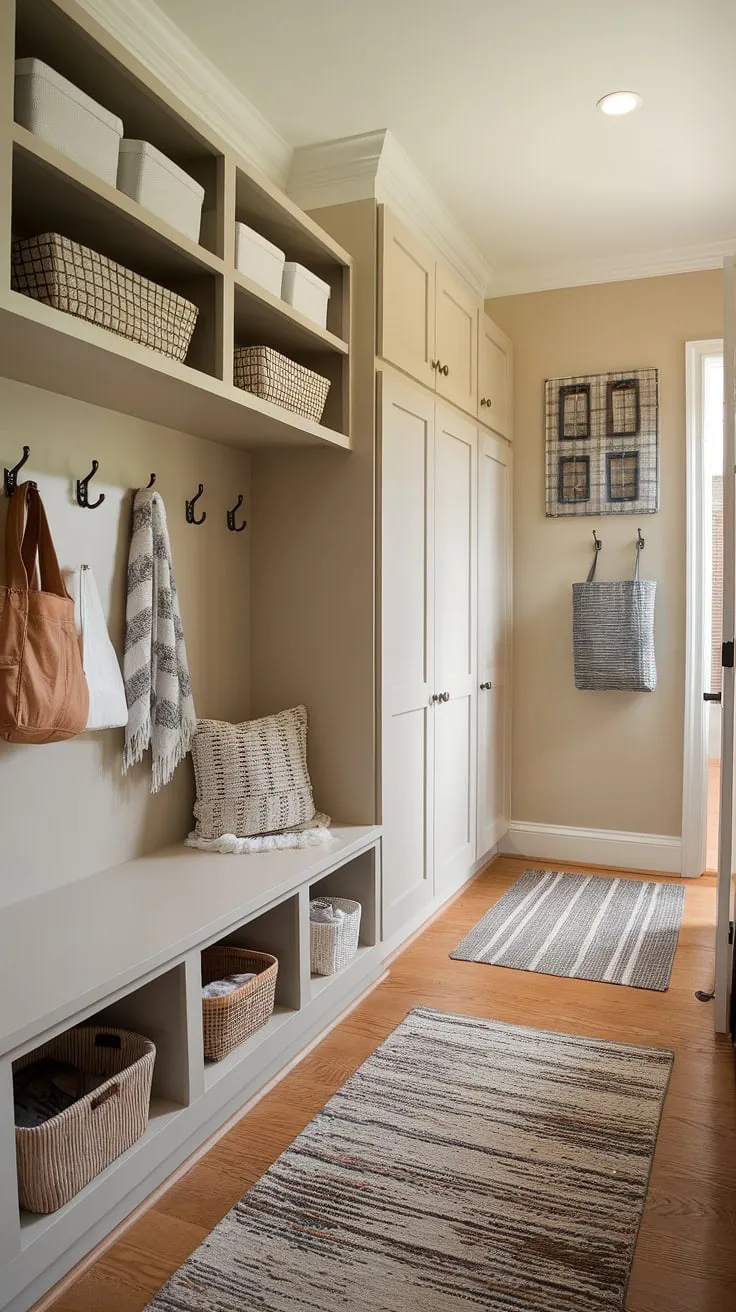 This thoughtfully designed mudroom seamlessly blends style and functionality. A neutral palette, complemented by warm wood floors and textured rugs, creates a calming atmosphere. Abundant built-in storage, including a convenient bench and ample shelving, keeps everything in its place.