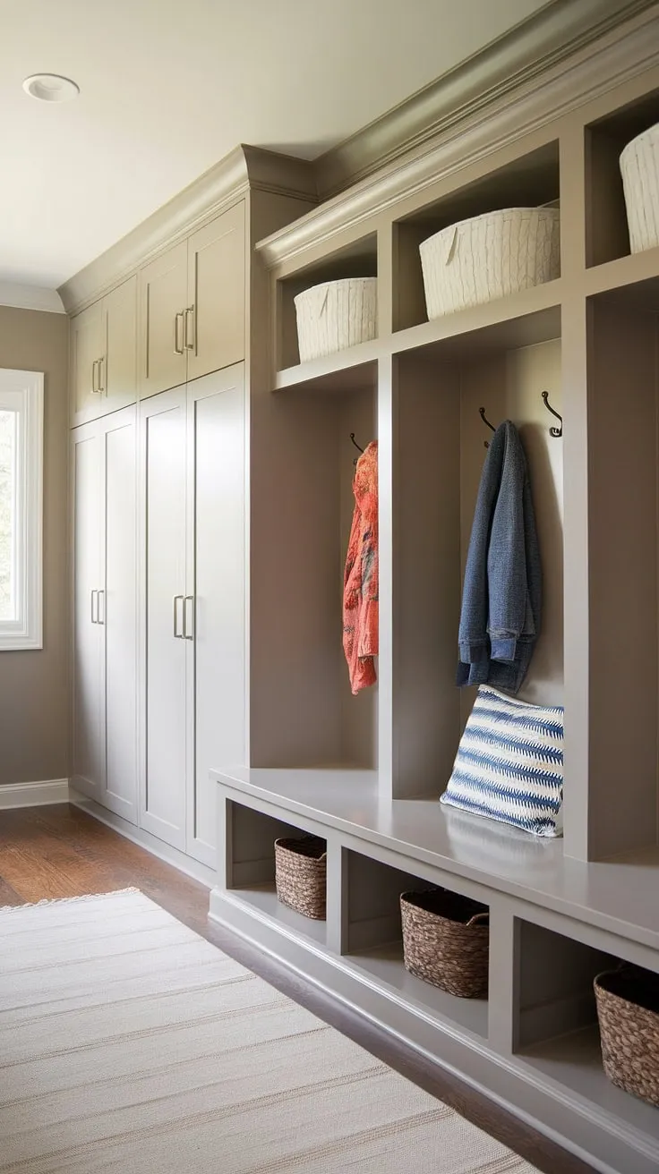 Step into effortless organization with this transitional mudroom. Built-in shelves, a convenient bench, and cleverly concealed storage create a drop zone that's both stylish and functional. The neutral palette, accented with pops of color, complements the rich hardwood floors, making this the perfect blend of form and function. A true haven for busy families.