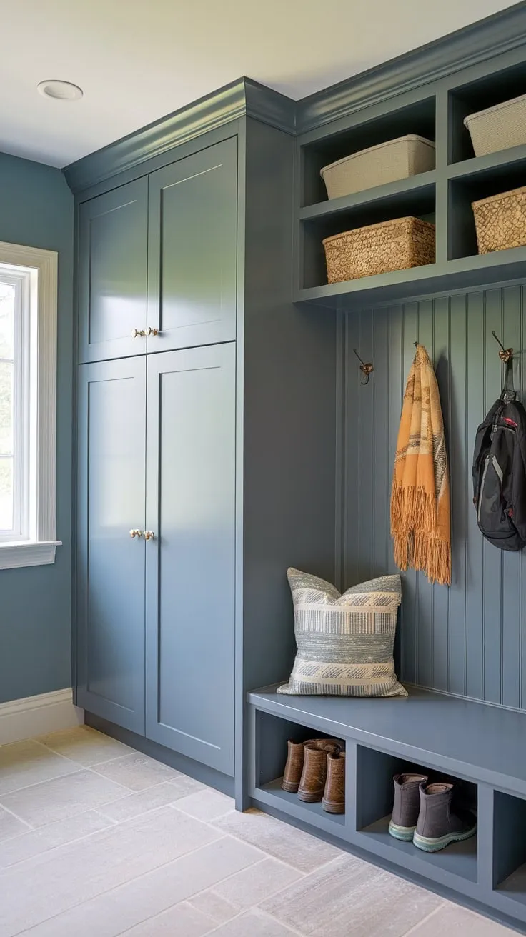 This calming blue mudroom is the epitome of organized entryway style. A custom-designed drop zone with built-in storage, cubbies, and a comfortable bench makes managing coats, shoes, and bags a breeze. The added locker area provides even more storage, making this a truly functional and beautiful addition to any home.