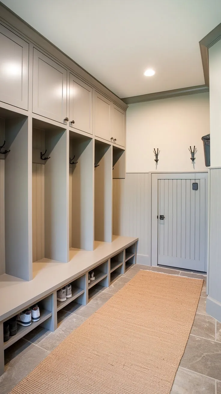 This serene mudroom, featuring a sophisticated beige and grey color scheme, effortlessly blends style and practicality. Built-in lockers and a custom bench provide abundant storage, while the thoughtful design ensures a clutter-free entryway. A true testament to the power of transitional design.