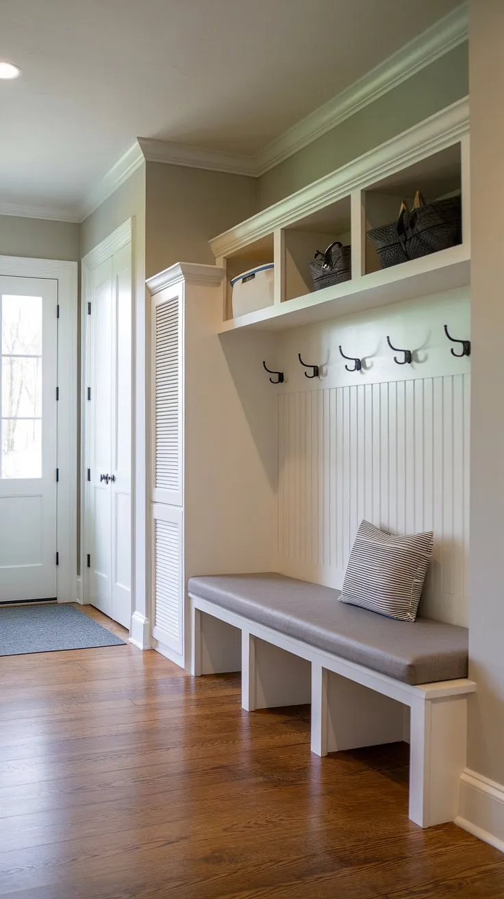 This light and airy mudroom seamlessly blends style and practicality. The custom-built bench and cubbies, paired with the added storage of a small locker, create the ultimate drop zone. The soft grey walls and warm wood floors enhance the transitional design, making this space both beautiful and incredibly functional for everyday life.