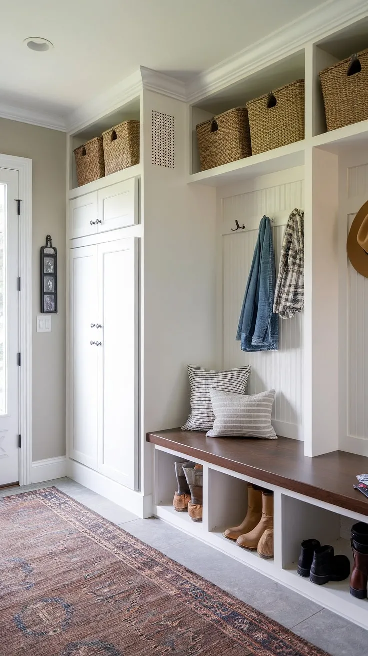 This stunning mudroom, painted in Sherwin-Williams Pure White, seamlessly blends style and practicality. The custom built-ins, including cubbies and a convenient drop zone, offer ample storage solutions. A comfortable bench, boot tray, and hat rack complete the design, creating a welcoming and organized entryway that's both beautiful and functional.