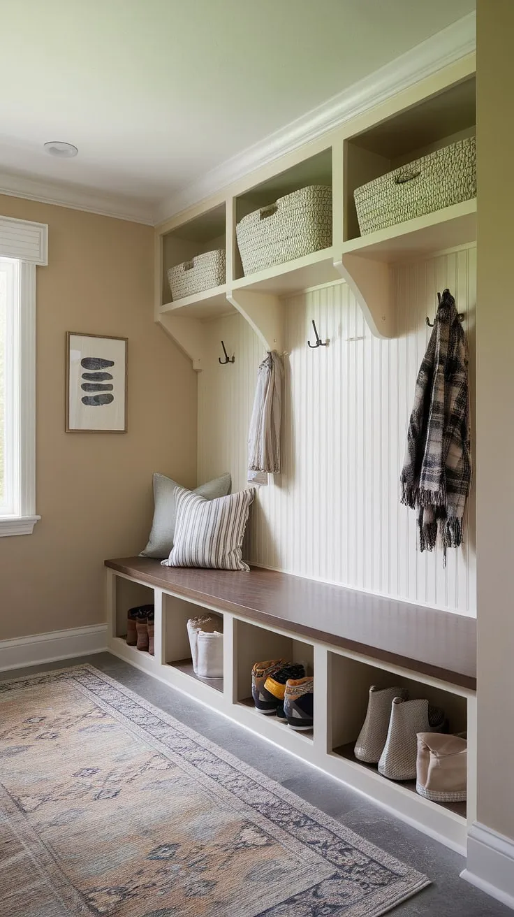 Step into effortless organization with this transitional mudroom. The built-in storage, bench seating with cubbies, and ample hooks create a functional and stylish drop zone, keeping everything in its place. A soft beige palette and patterned rug add warmth and personality.
